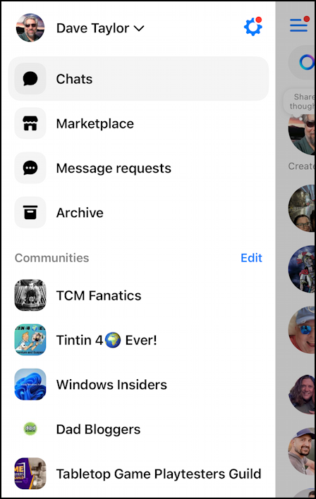 facebook delete avatar - messenger menu