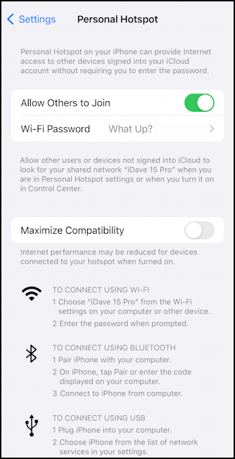 iphone wifi hotspot - settings > personal hotspot