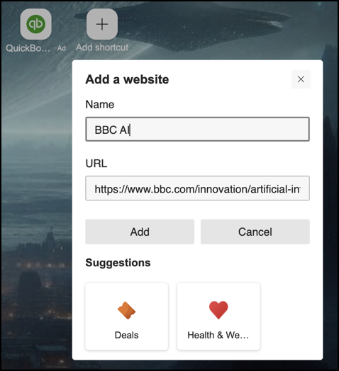 ms edge shortcut icons grid - add new bookmark