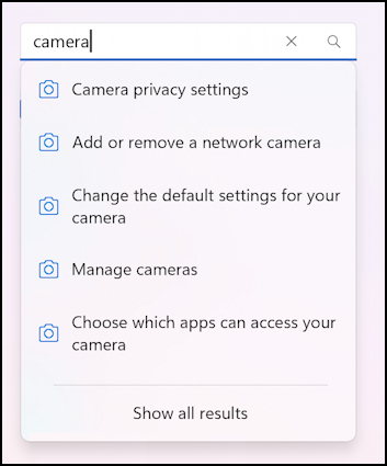 windows 11 camera access - settings > search