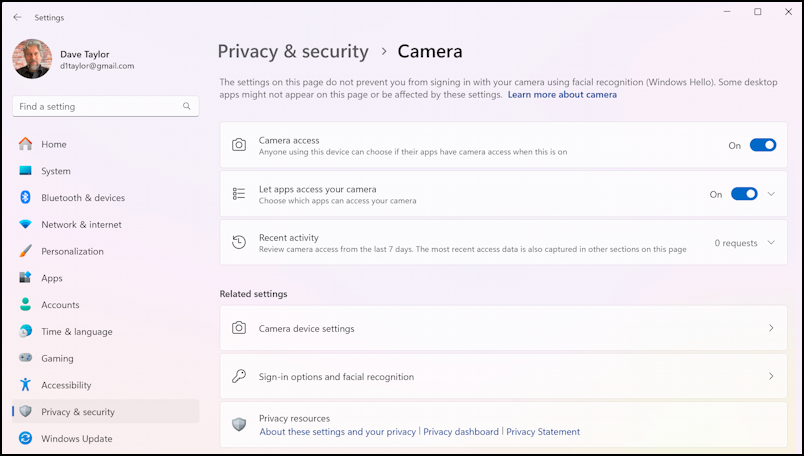 windows 11 camera access - settings > privacy > camera