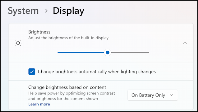 win11 auto display screen brightness - settings > display > expanded