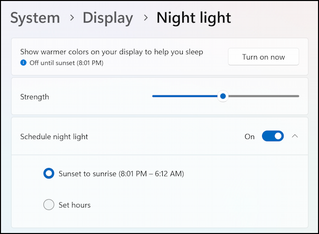 win11 auto display screen brightness - settings > display > night light