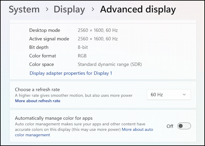win11 auto display screen brightness - settings > display > advanced display