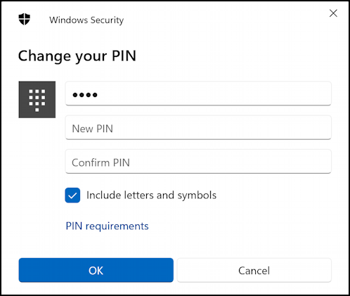 win11 change login security pin - new pin entry including letters and symbols