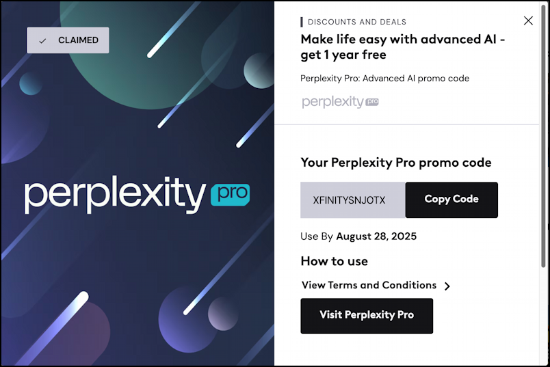 xfinity free perplexity ai pro - reward code