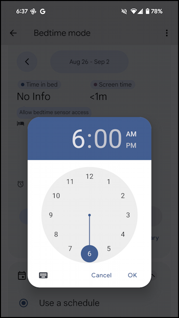android bedtime mode - time shown with color widget