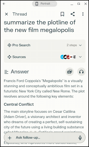 chatgpt perplexity ai on chromebook - perplexity answer about megalopolis movie