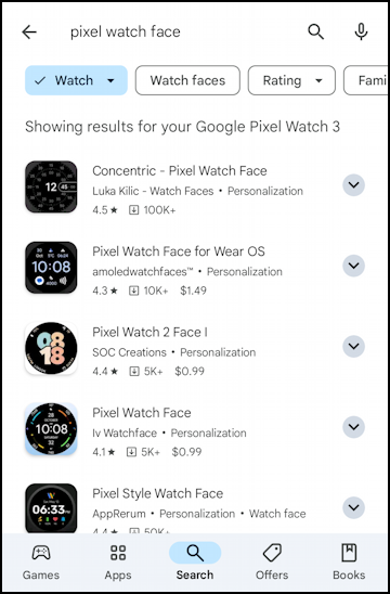 google play store - search for pixel watch 3 face