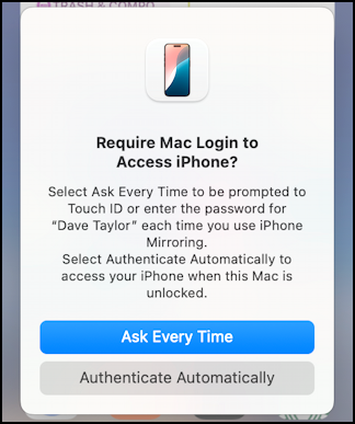 iphone mirroring mac - require login to access iPhone?