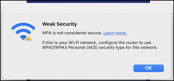 mac wifi weak security - explanation pop-up