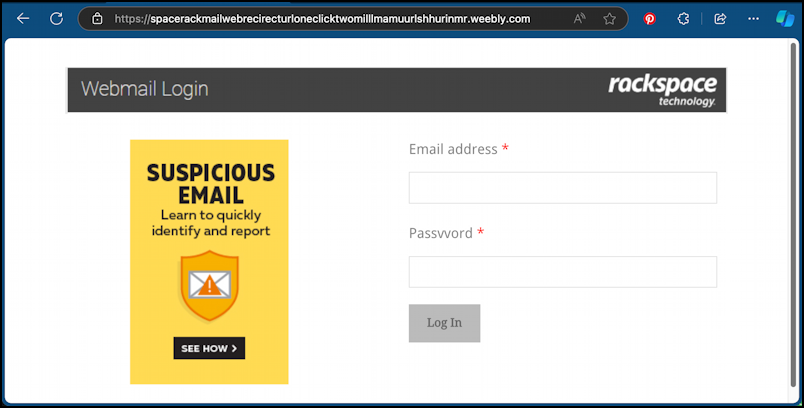 webmail migration phishing attack spam - bogus login page rackspace