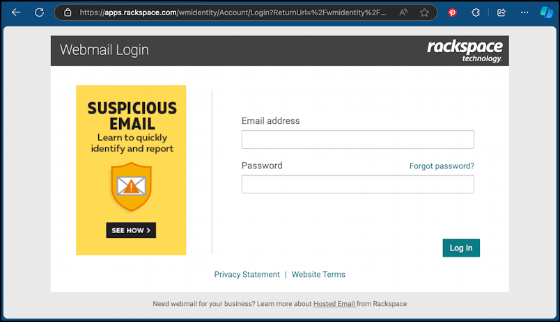 webmail migration phishing attack spam - actual rackspace webmail login