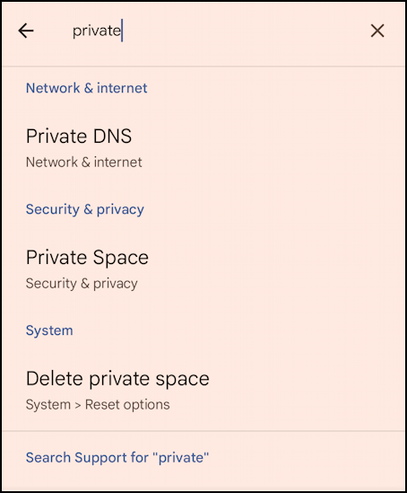 android 15 private space - settings search