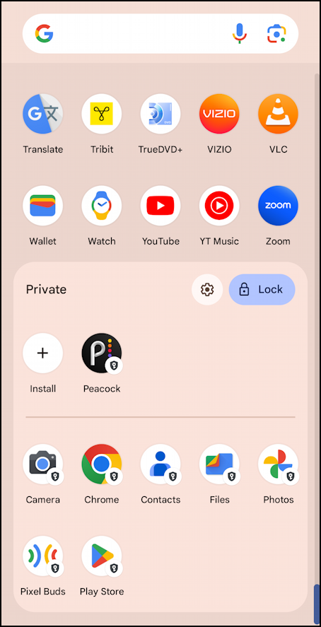 android 15 private space - peacock app moved to private space