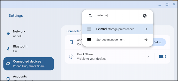 chromebook chromeos external drive - settings - search for external