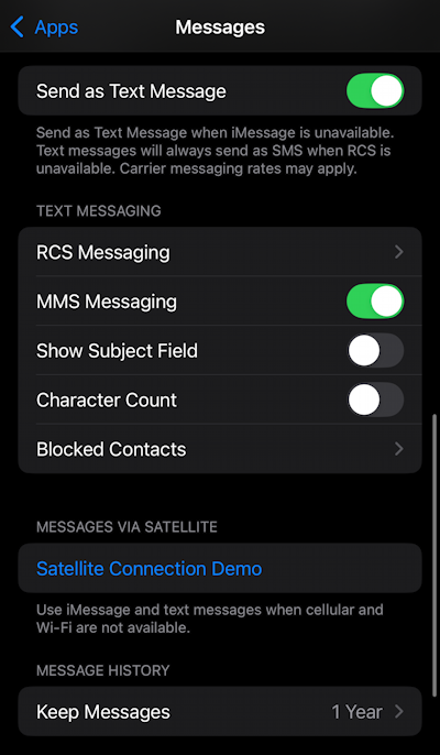 iphone ios enable rcs - settings > apps > messages