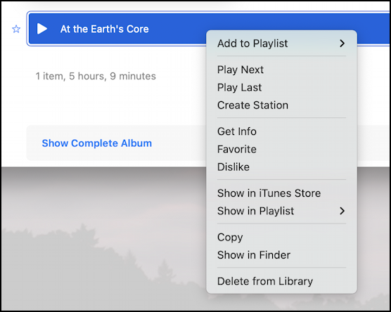 apple music change audiobook cover image - control-click show in finder