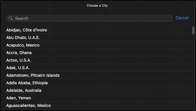 mac macos world time clock - search for city in app