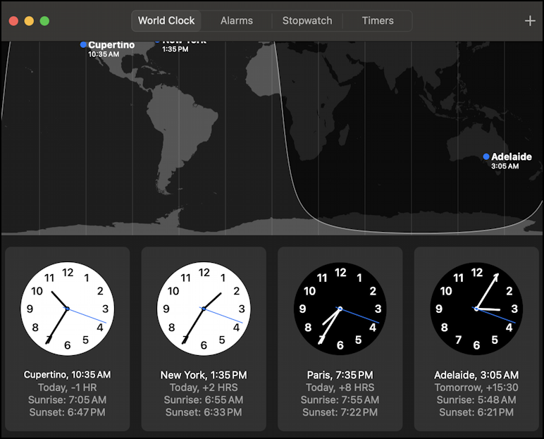 mac macos world time clock - added adeliade, australia to app