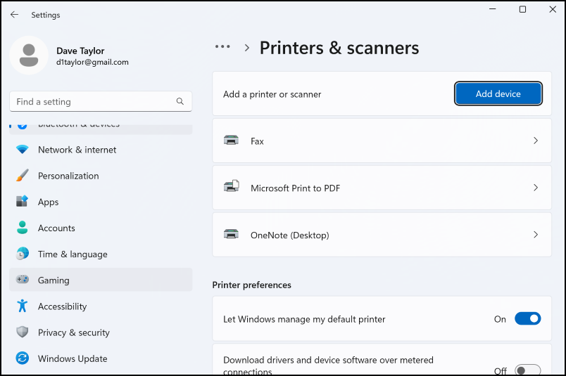win11 add network printer - settings > printers & scanners