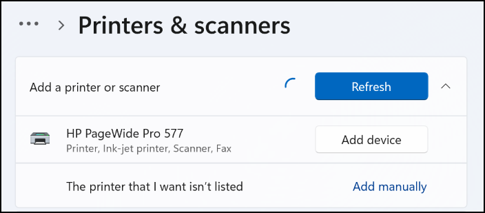 win11 add network printer - add device / scanning for devices