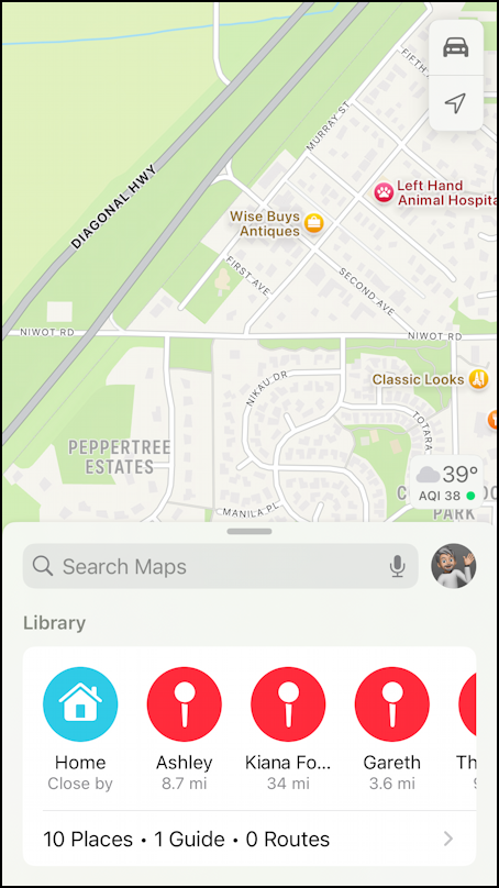 Apple Maps re-order favorite pin locations – main view