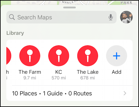 Apple Maps re-order favorite pin locations – more favorites and the plus add sign