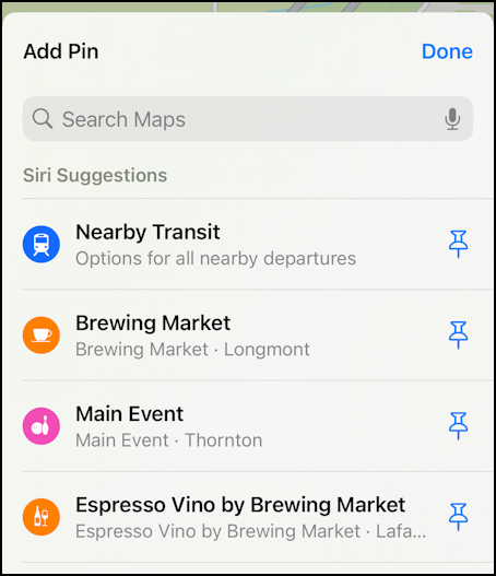 Apple Maps re-order favorite pin locations – add new location, list of recent searches