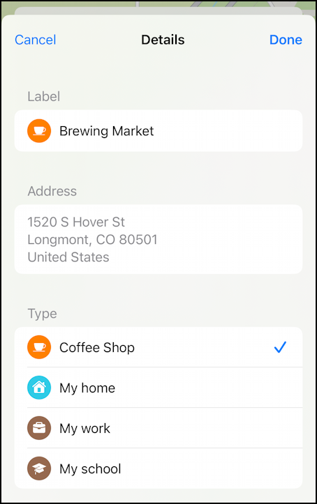 Apple Maps re-order favorite pin locations – brewing market location, details