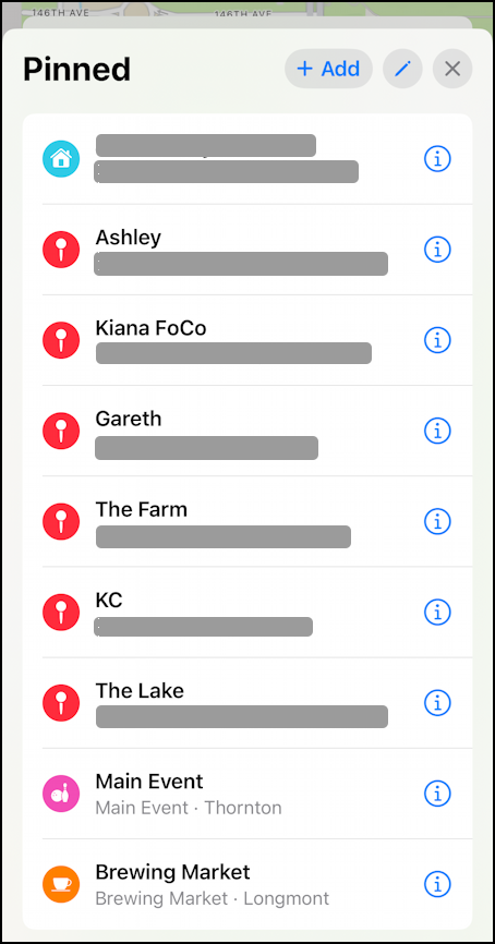 Apple Maps re-order favorite pin locations – all my pinned locations