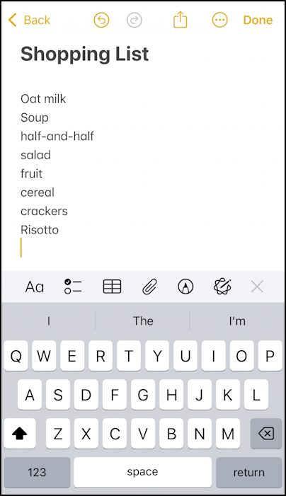iPhone iOS Notes – my shopping list