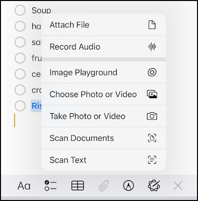 iPhone iOS Notes – attachment menu
