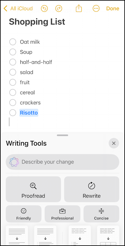 iPhone iOS Notes – AI writing tools