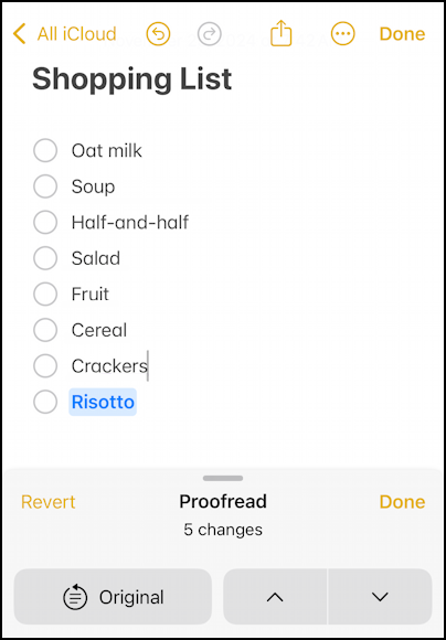 iPhone iOS Notes – AI, writing tools: proofread: capitalization
