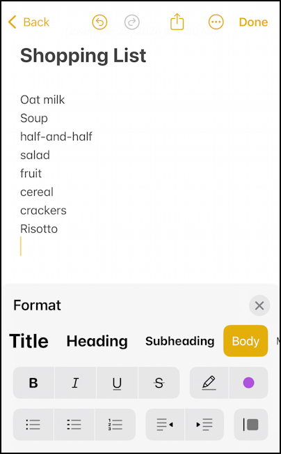 iPhone iOS Notes – text formatting