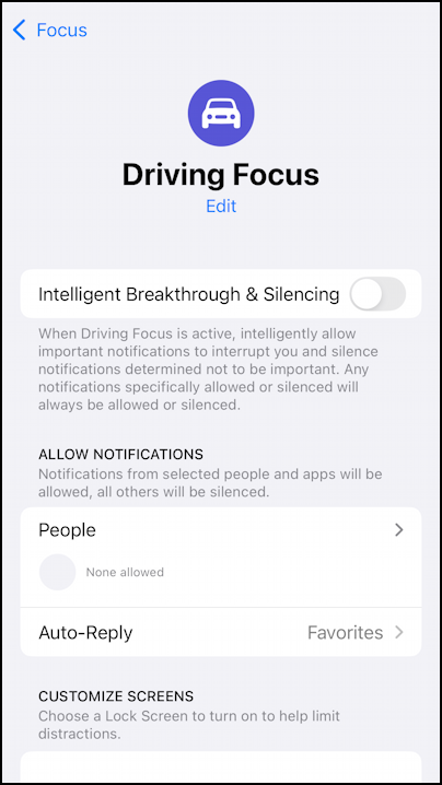 iphone settings focus - driving