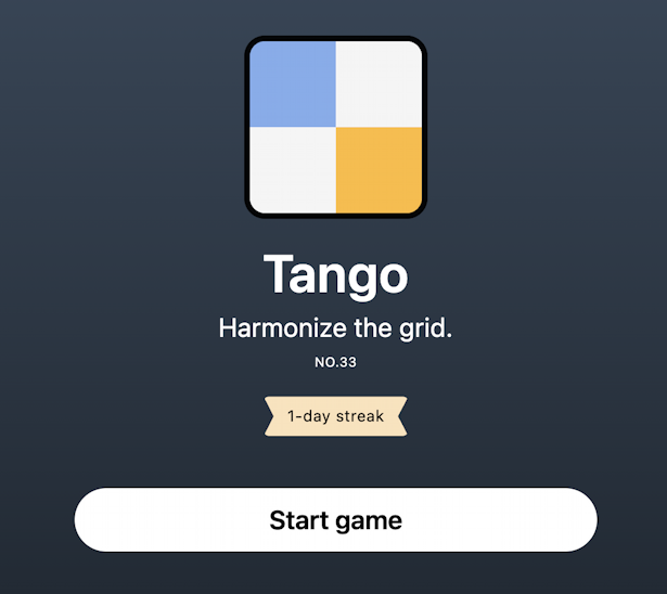 linkedin puzzle game tango - welcome screen