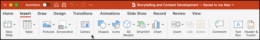 microsoft powerpoint webcam recording cameo - main toolbar ribbon