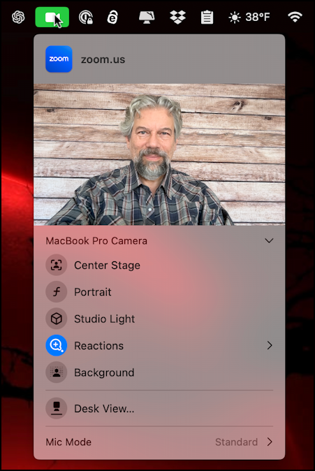 mac macos center stage webcam - main menu choices