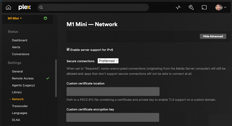 plex server offline access - settings > network
