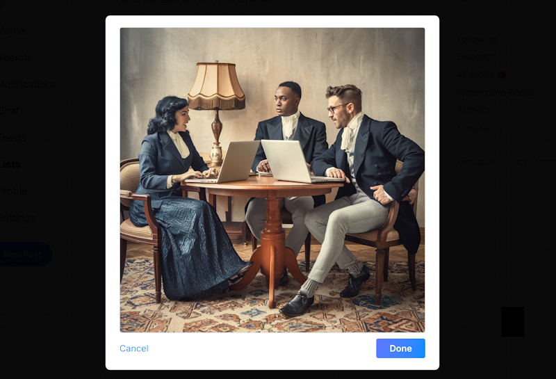 bluesky social create list - avatar graphic image 19th century people with laptops