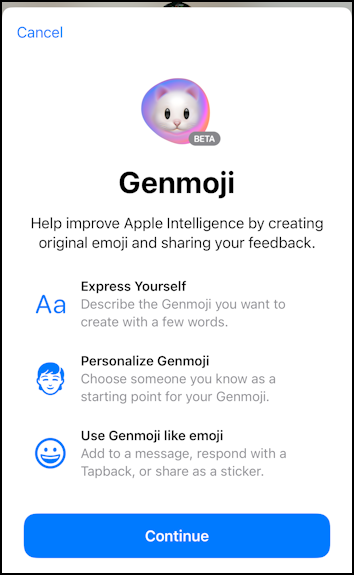 iphone ios genmoji get started - genmoji splash screen explanation