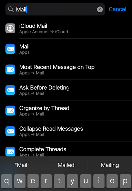 apple mail iphone ios18 fix wrong unread count - settings search for 'mail'