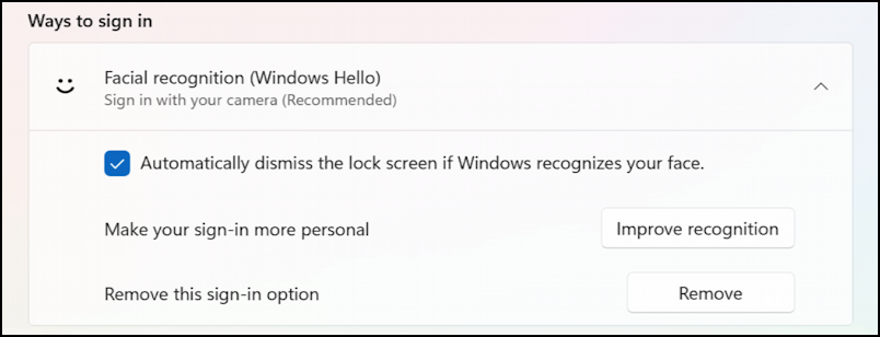 win11 setup face recognition sign-in - settings all set up