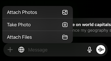 ai test chatgpt vs copilot - chatgpt attach photo file take picture menu