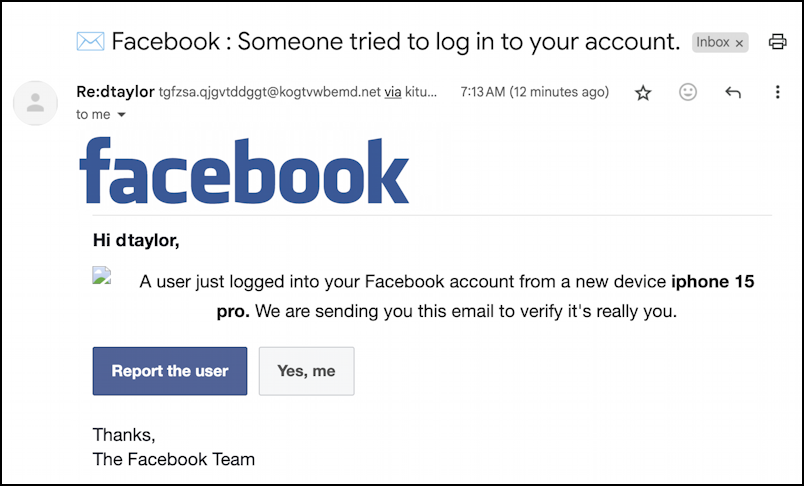 facebook phishing scam email - someone logged in?