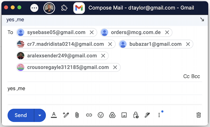 facebook phishing scam email - message response with all addresses shown