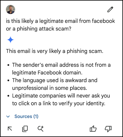 facebook phishing scam email - gemini analysis: legit or scam?