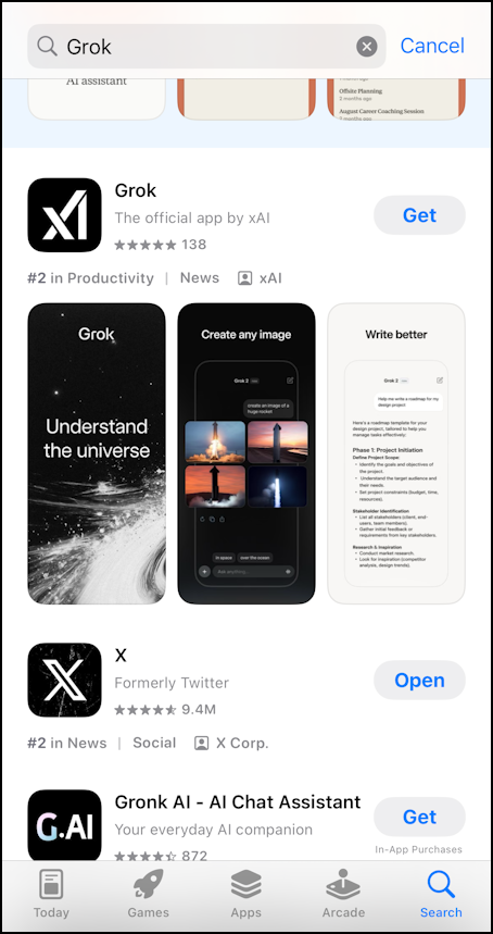 grok ai iphone ios app - in the app store